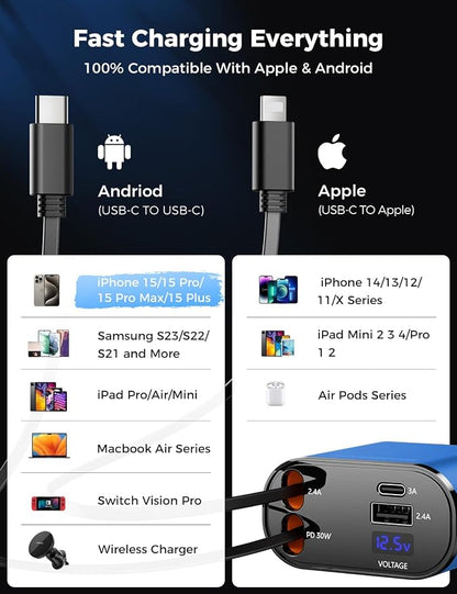 SUPERONE 【Upgraded】 Retractable Car Charger 4 in 1, Fast Car Phone Charger with Cord 2.6ft, USB C and Apple Car Charger Adapter, Compatible with iPhone 17/16/15/15 Pro Max/14/13/12/11, Galaxy, Pixel