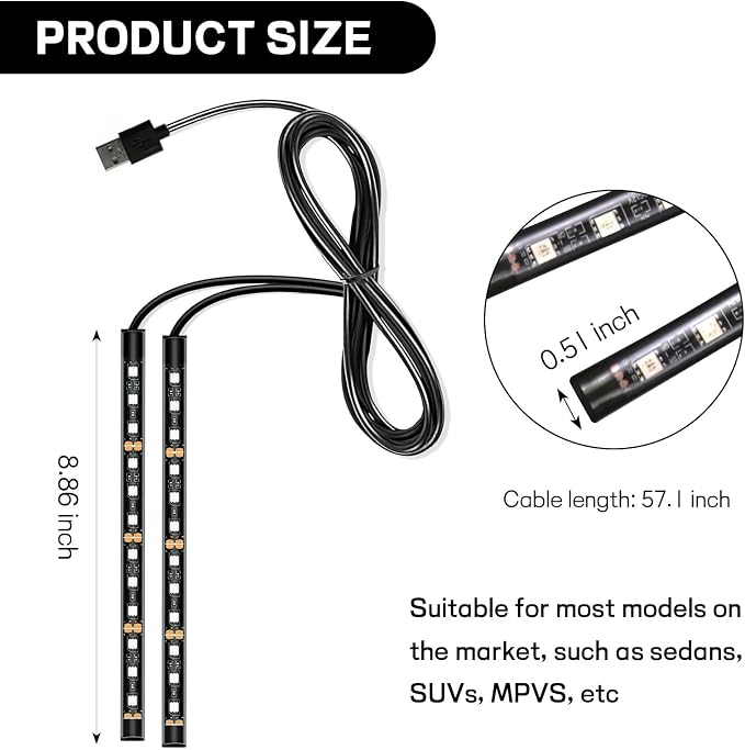 Car LED Strip Light, 12V 24 LED Interior Atmosphere Lights Under Dash Ambient Night Light, Universal Auto Interior Decorative Lamp with USB Port, Truck SUV Car Accessories (White, USB)