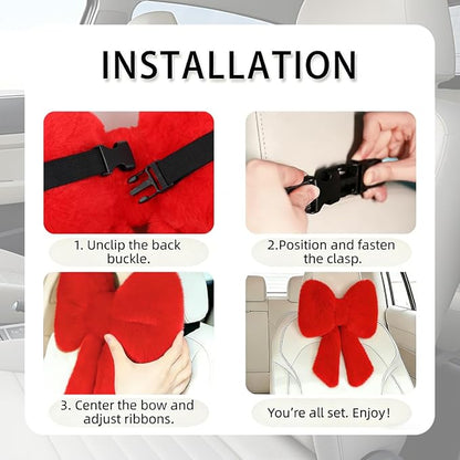 Sexysamba 2 Pcs Plush Bow Car Headrest Neck Pillow Cute Bow Pillow for Car Seat Décor Soft Neck Support for Comfortable Driving Traveling Office Fluffy Head Rest Cushion, Red