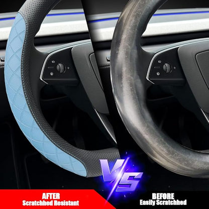 LKWLIKEI Leather Steering Wheel Cover. Elegant Diamond Checkered Design, Non-Slip and Breathable, for Tesla Model 3/Y Steering Wheel Protector,Black Blue