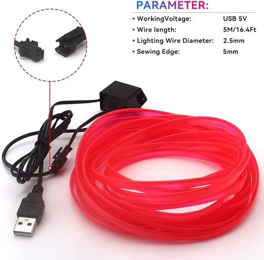 El Wire Red Neon Lights 16FT/5M Car Interior Led Strip Light USB 5V for Car Garden Party Decoration