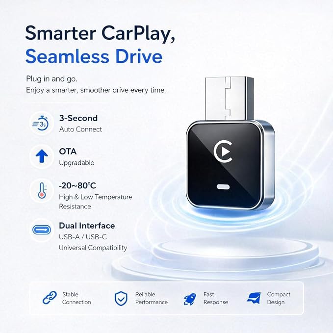 2-in-1 Wireless CarPlay Adapter for iPhone iOS & Android 11+, Plug and Play, Fast Auto-Connect, Realtek 8730E Chip Stable & No Latency, Wired to Wireless Adapter with USB-A/Type-C Port (CM101)