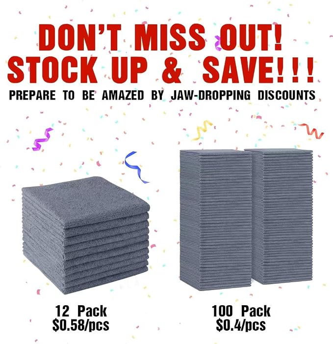 HOMEXCEL Grey Microfiber Cleaning Cloths, 100 Pack Microfiber Towels for Cars, Lint Free & Scratch-Free Bulk Cleaning Rags for House, Kitchen, Car and Shop, Absorbent Cleaning Towels 11.5 x 11.5 inch