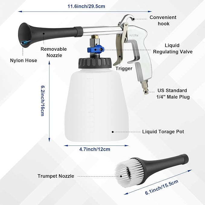 Car Cleaning Gun, High Pressure Air Blow Gun, Interior Car Cleaning Kit with Foam Bottle, Brush Head, Cleaning Sponge, Water Spray Function