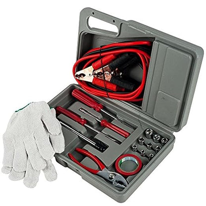 Roadside Emergency Car Kit - 30-Piece Road Trip Essentials Tool Set with Jumper Cables and Carrying Case for Car, Truck, or RV by Stalwart (Gray/Red)