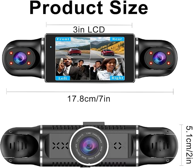 4 Channel Dash Cam Front and Rear Inside Back 360° FHD 2K Dash Camera for Cars, WiFi, GPS, G-Sensor, WDR 24/7 Parking Mode, 170° Wide Angle, Loop Recording, Night Vision, APP, with 64GB Card