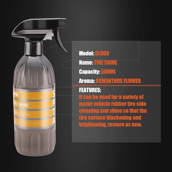 SPTA Tire Shine Spray, 16 Oz 500ml Extra Glossy Tire Shine Spray, Dry-to-Touch Dressing - Restores Wet Look to Rubber, Vinyl, and Plastic, Safe for Cars, Trucks, Motorcycles, RVs, and More -US-CL008