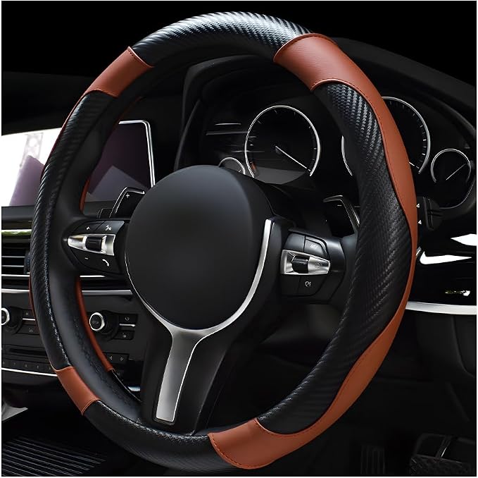 povtii Car Steering Wheel Cover, 15 Inch Leather Breathable Auto Steering Wheel Protector, Comfortable Non-Slip Vehicle Steering Wheel Covers, Universal Car Accessories (Coffee, with Lining)
