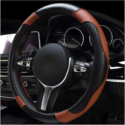 povtii Car Steering Wheel Cover, 15 Inch Leather Breathable Auto Steering Wheel Protector, Comfortable Non-Slip Vehicle Steering Wheel Covers, Universal Car Accessories (Coffee, with Lining)