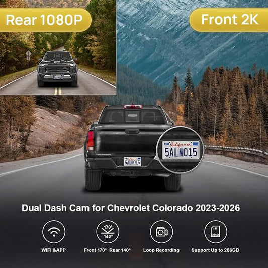 Fitcamx Front 2K+Rear 1080P Dash Cam Adapts for Chevy Colorado 2023-2026 with Auto-Dimming (3rd Gen), OEM Style, Dual HD Video, WiFi & APP, Loop Recording, Gravity Sensor, Easy to Use, 64GB Card