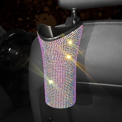 Riloer Bling Car Trash Can Rhinestones Car Trash Can for WomenGlittering Vehicles Trash Can Designed for Small Folding Umbrella Car Trash Bin White