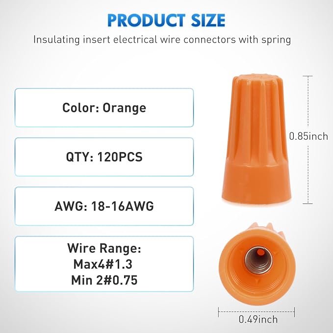 Nilight 120PCS Orange Wire Connectors Kit 18-16 AWG Electric Wire Caps Insulating Insert Twist Electrical Wire Terminal with Spring for Connect Electrical Wiring Automotive Car Truck Boats Marine