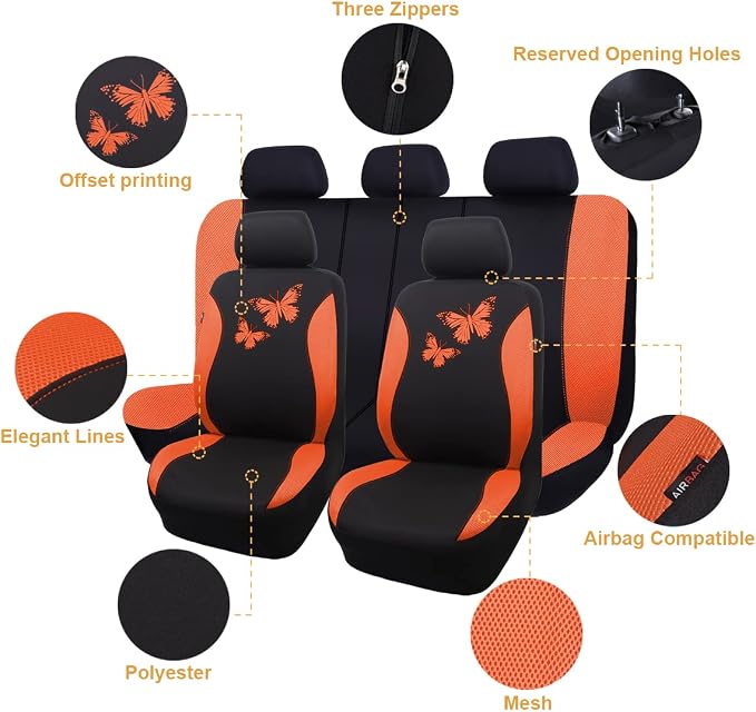 Flying Banner Butterfly car seat Covers ful Set Fashion Universal Lady Woman Female Rear Bench Split Colorized (Full Set, Orange)