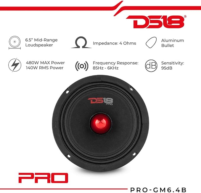 DS18 PRO-GM6.4B Loudspeaker - 6.5", Midrange, Red Aluminum Bullet, 480W Max, 140W RMS, 4 Ohms - Premium Quality Audio Door Speakers for Car or Truck Stereo Sound System (1 Speaker)
