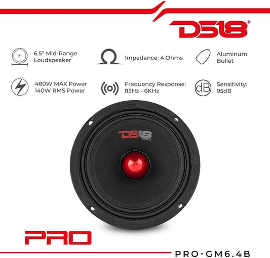 DS18 PRO-GM6.4B Loudspeaker - 6.5", Midrange, Red Aluminum Bullet, 480W Max, 140W RMS, 4 Ohms - Premium Quality Audio Door Speakers for Car or Truck Stereo Sound System (1 Speaker)