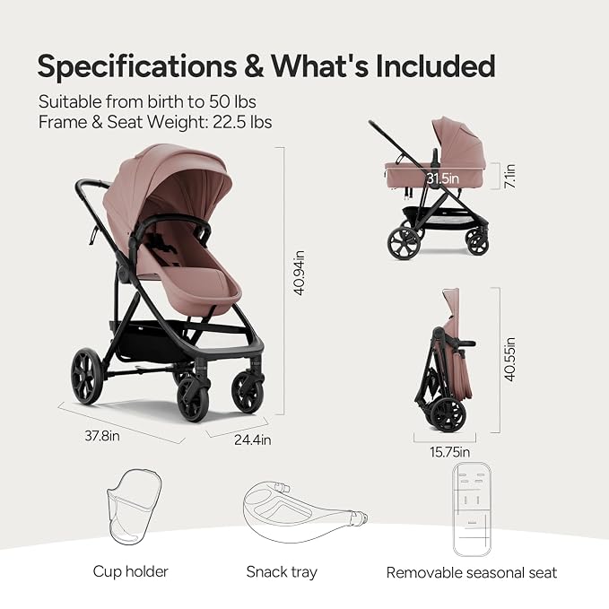 Mompush Wiz Pro 2-in-1 Baby Stroller, Full-Size All-Terrain Premium Stroller with Newborn Mode and Reversible Seat, Snack Tray Included, Large UPF 50+ Canopy & Storage Basket