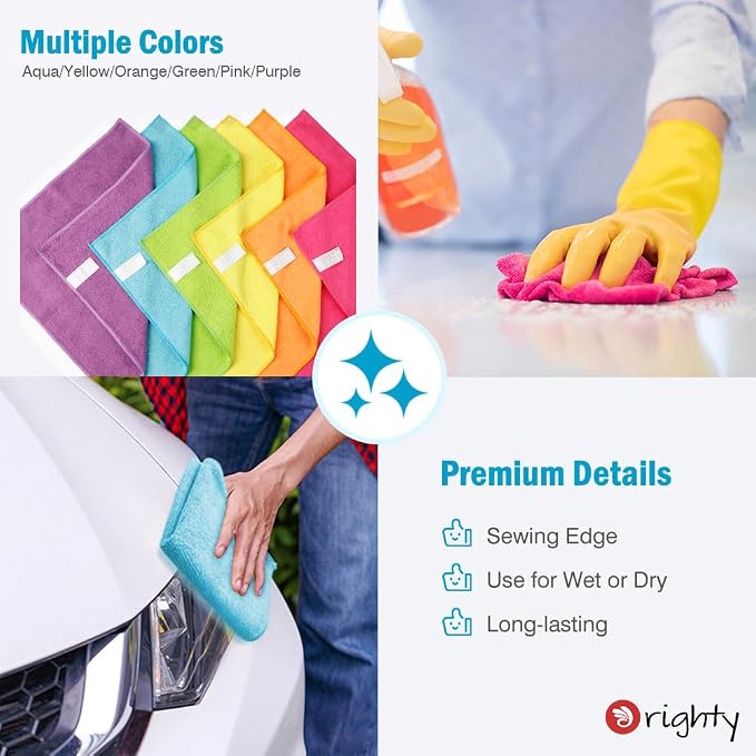 Orighty Microfiber Cleaning Cloth Pack of 60, Microfiber Towels for Cars, Highly Absorbent Car Cleaning Supplies, Lint Free Cloths Clean Rags for Car Care, House, Kitchen, 12x12 inch