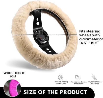 Andalus Brands Luxury Fluffy Car Steering Wheel Covers – Genuine Merino Sheepskin, Soft Fuzzy Car Steering Wheel Cover for Women, Universal 14.5-15" Size, Plush Fur Cute Auto Accessories, Pearl
