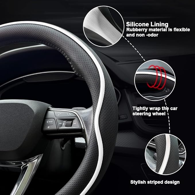 HAOTULE Leather Steering Wheel Cover， with Anti-Slip Stripe Design - Enhanced Grip, Fashion Style, Safe, Non-Slip, Breathable. Upgrade car Interior，Black White