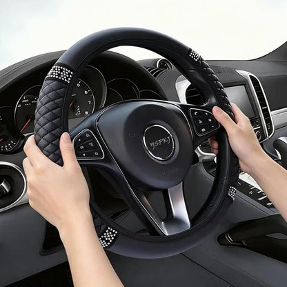 Soft Leather Car Steering Wheel Cover, Universal 15 Inch Colorful Rhinestones Anti-Slip Elastic Steering Wheel Covers for Most Cars, Sparkly Crystal Diamond for Women Girls (Black)