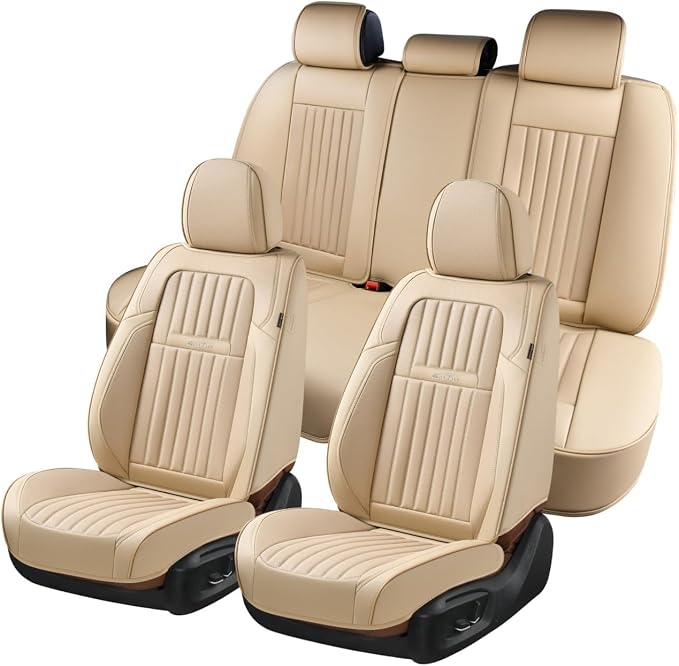 Coverado Front and Back Seat Covers for Cars, Nappa Leather Car Seat Covers, Automotive Seat Covers for Trucks, 5 Seats Waterproof Carseat Protector Car Seat Cover Beige, Universal Fit for Most Cars