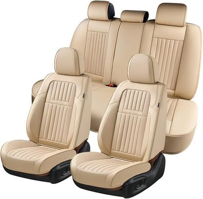 Coverado Front and Back Seat Covers for Cars, Nappa Leather Car Seat Covers, Automotive Seat Covers for Trucks, 5 Seats Waterproof Carseat Protector Car Seat Cover Beige, Universal Fit for Most Cars