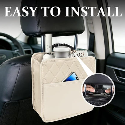 Car Seat Back Organizer, Leather Backseat Hanging Storage Bag, Multipurpose Car Hanging Trash Bag with 2 Compartments, Car Large Capacity Pouch Pocket for Kids & Adults (Beige)
