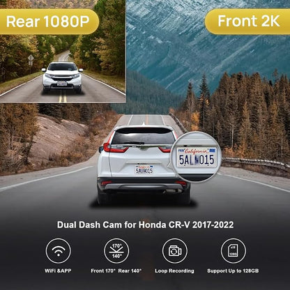 Fitcamx 2K Dual Dash Cam Adapts for Honda CR-V 2017-2022 LX EX Touring EX-L (Gen5), Integrated OEM Look, Front 1440P+Rear 1080P HD Video, WiFi & APP, Loop Recording, G-Sensor, Easy to Set, 64GB Card