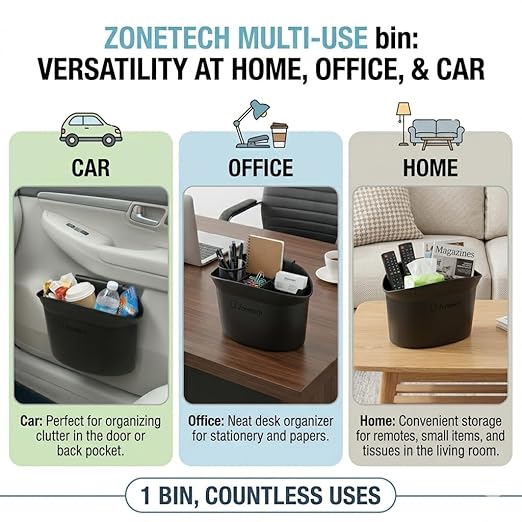 ZONETECH Portable Hanging Mini Car Garbage Can – Classic Black Trash Container - Premium Quality Automotive Universal Compact Traveling Wastebasket for Vehicle,Office, Home (1-Pack)