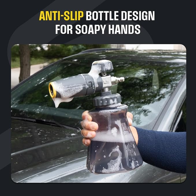 Active Foam Cannon with ¼ inch quick connector for Electric and Gas Pressure Washers. Wide-mouth bottle and variable spray to generate thick snow foam spraying for home DIY car wash & detailing (JH70)