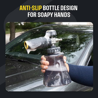 Active Foam Cannon with ¼ inch quick connector for Electric and Gas Pressure Washers. Wide-mouth bottle and variable spray to generate thick snow foam spraying for home DIY car wash & detailing (JH70)