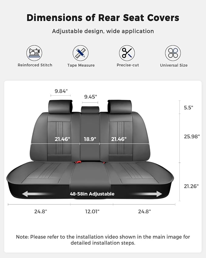 Huidasource Gray Rear Seat Cover, Luxury Faux Leather Back Seat Car Cover, Velcro Adjustable, Compatible with Child Seat, Perforation Cooling＆Heating, Universal Fit for Most Cars Vans Trucks SUVs Gray