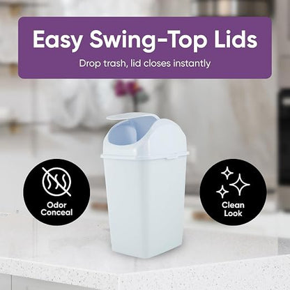 Superio Mini 1.25 Gallon and Small 2.5 Gallon Plastic Trash Cans with Swing Top Lid, Grey Waste Bin for Countertop, Desk, Vanity, Bathroom, 2 Pack (White)