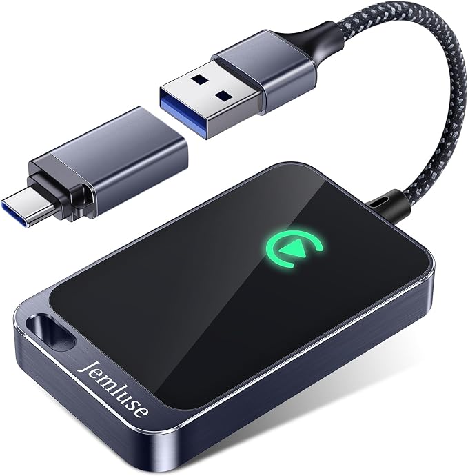 Jemluse Wireless CarPlay Adapter for Apple iPhone - 4-in-1 USB-A Dongle to Convert Wired to Wireless Car Play Adapter - Android Auto, AirPlay, Miracast(Jet Gray)
