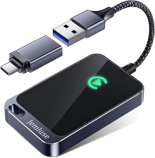 Jemluse Wireless CarPlay Adapter for Apple iPhone - 4-in-1 USB-A Dongle to Convert Wired to Wireless Car Play Adapter - Android Auto, AirPlay, Miracast(Jet Gray)