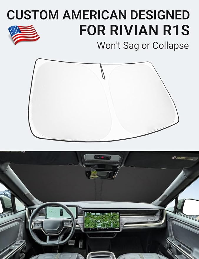 Proadsy Windshield Sun Shade for Rivian R1S 2022-2025 2026 4-Layer Foldable Front Sunshade Protector Sun Visor Blocks UV Rays Keep Car Cooler