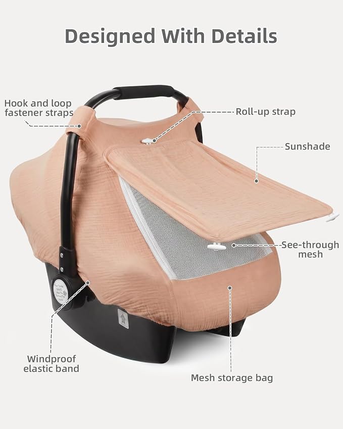 Rquite Car Seat Cover Baby Girl Boy, 100% Muslin Cotton Carseat Covers, Breathable Infant Windproof Canopy with Mesh Window, Stroller Sun Shade for Summer & Hot Day, Dusty Rose