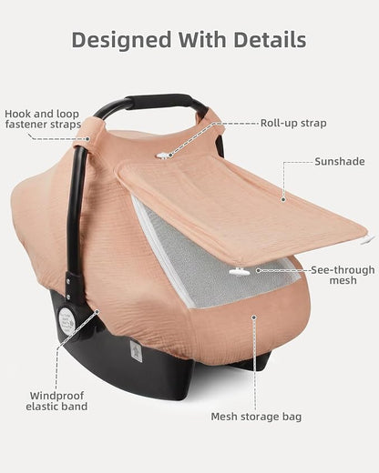 Rquite Car Seat Cover Baby Girl Boy, 100% Muslin Cotton Carseat Covers, Breathable Infant Windproof Canopy with Mesh Window, Stroller Sun Shade for Summer & Hot Day, Dusty Rose
