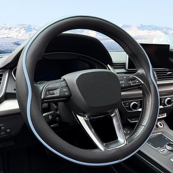 HAOTULE Leather Steering Wheel Cover， with Anti-Slip Stripe Design - Enhanced Grip, Fashion Style, Safe, Non-Slip, Breathable. Upgrade car Interior，Black Blue