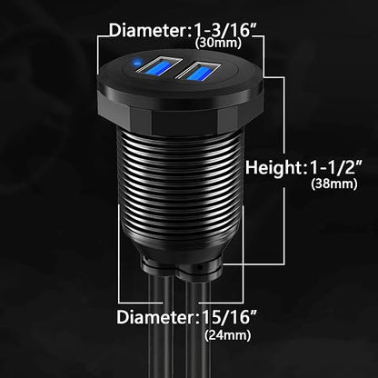 Alloy Dual Port USB 3.0 Car Dashboard Flush Mount Cable, Male to Female with LED Indicator Extension Cable for Car Truck Boat Motorcycle Dashboard Panel 1ft