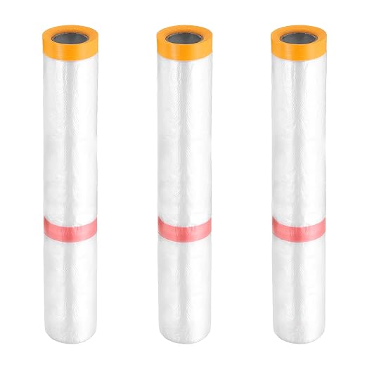 HARFINGTON 3 Rolls Pre-Taped Masking Film 177.2" x32.8ft Double Adhesive Tape and Drape Painters Plastic Drop Cloth Film with Tape Plastic Sheeting for Automotive Painting Covering