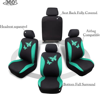 Flying Banner Butterfly car seat Covers ful Set Fashion Universal Lady Woman Female Rear Bench Split Colorized (Full Set, Mint Green)