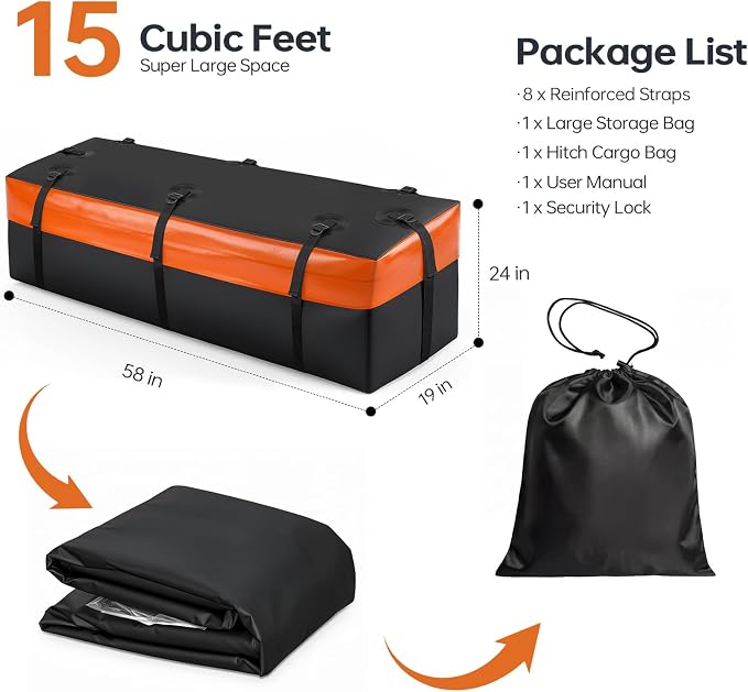 Forluck Waterproof Hitch Mount Cargo Carrier Bag, 15 Cubic Feet Soft Shell Travel Storage Bag (58"x19"x24"), Heavy Duty PVC with 8 Reinforced Straps, Combination Lock & Storage Bag for Truck SUV RV