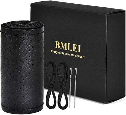 BMLEI Top Genuine Leather Steering Wheel Cover with Anti-Slip Design, Soft Padding, Universal 15 Inch Auto Car Steering Wheel Stitch on Wrap