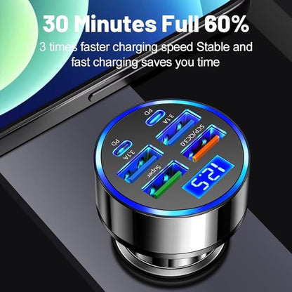 USB C Car Charger Adapter with Voltmeter Compatible with iPhone 16 15 14 13 12 11, Android, Samsung, Super+ QC3.0 6 in 1 Multi-Port Super Fast Charging Cigarette Lighter USB Charger