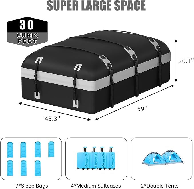 Car Rooftop Cargo Carrier Bag, 30 Cubic Feet Waterproof Soft-Shell Car Roof Bag for All Vehicle with/Without Rack, Include Anti-Slip Mat, Reinforced Straps, Door Hooks Luggage Lock (Grey)