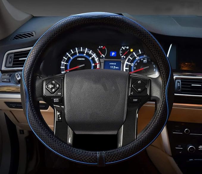 Valleycomfy Steering Wheel Covers Universal 15.75 inch - Genuine Leather, Breathable, Anti Slip & Odor Free (Black with Blue Lines, L(15" 1/2-16"))