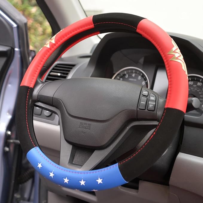 BDK Wonder Woman Steering Wheel Cover - Synthetic Leather - Stars & Gold Logo - Fits All Standard Size Wheel 15 Inch, Model Number: WBSW-1904