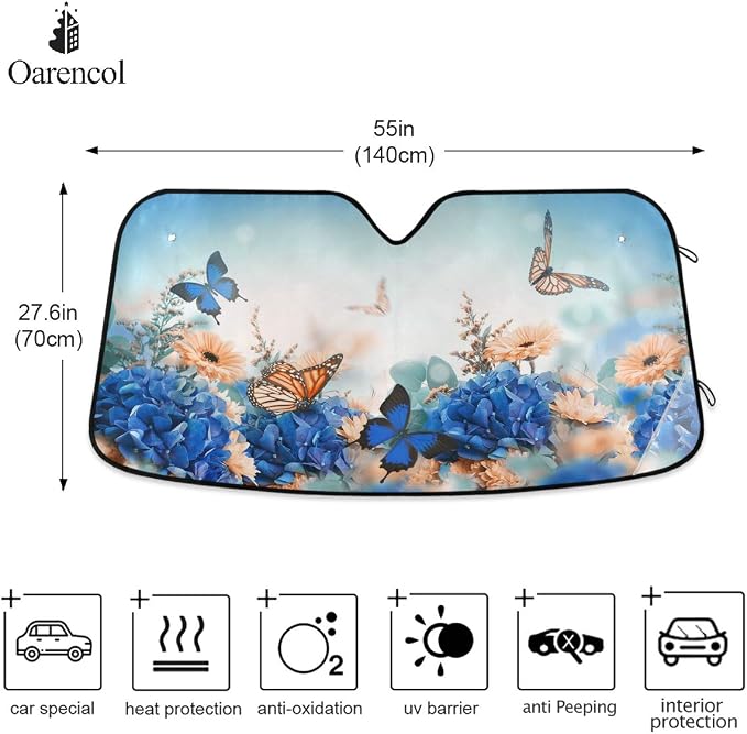 Butterfly Daisy Car Windshield Sun Shade Blue Hydrangea Yellow Flowers Foldable UV Ray Sun Visor Protector Sunshade to Keep Your Vehicle Cool (55" x 27.6")
