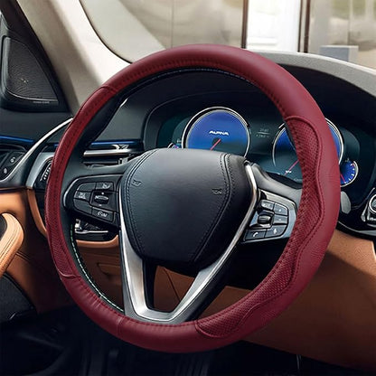 Car Steering Wheel Cover, 15 Inch Leather Anti-Slip Breathable Automotive Steering Wheel Protector, Universal Heat Resistant Vehicle Interior Accessories Cars, SUVs, Trucks (Burgundy)